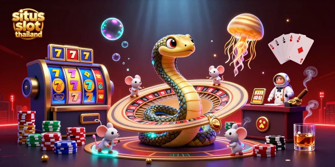 An interactive illustration of situs slot thailand, showcasing slot reels and betting mice in a dynamic casino scene.