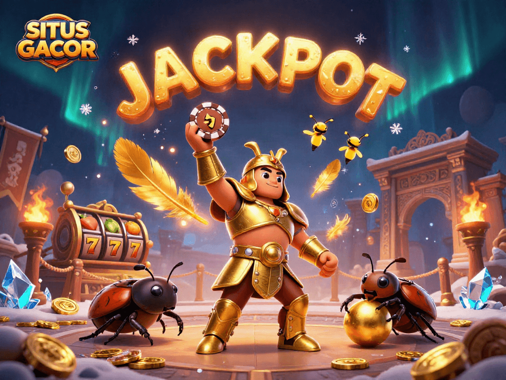 SITUS GACOR showcases a vibrant 3D gaming scene with characters celebrating a jackpot victory in a rich casino atmosphere.