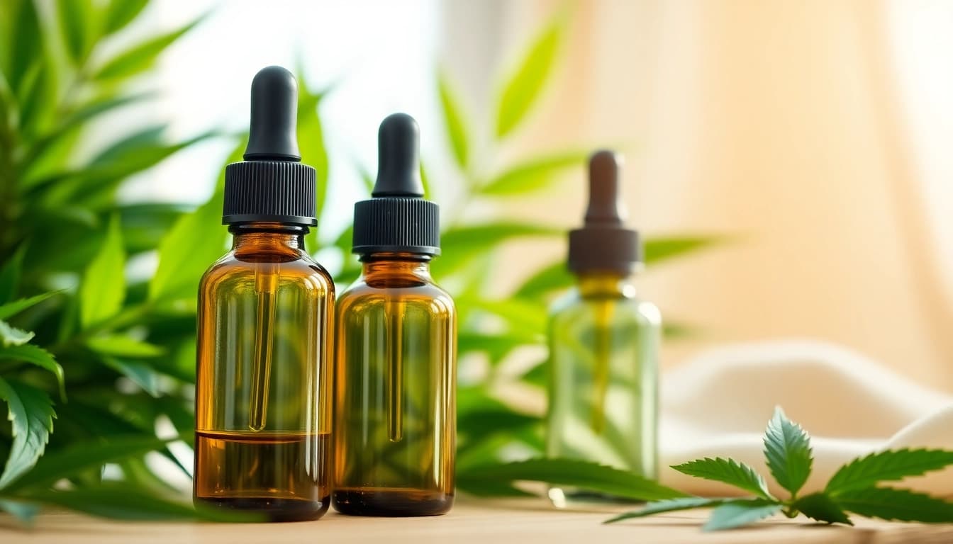 Showcase premium CBD Oil in a relaxing environment, highlighting product details and natural elements.