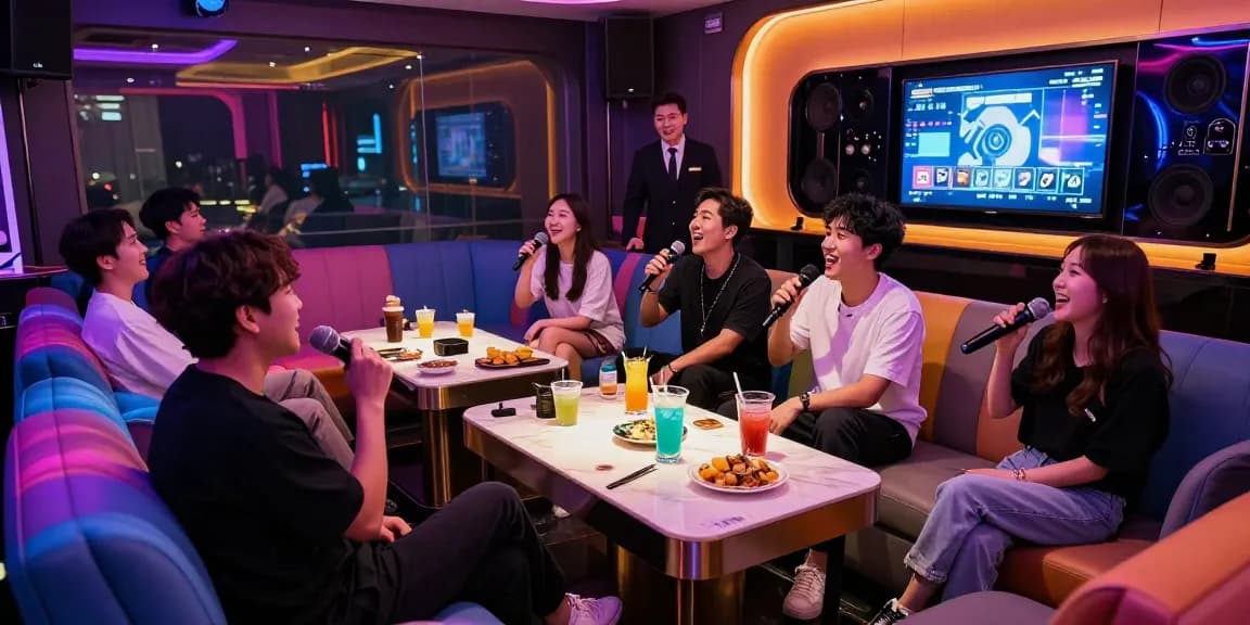 Experience the lively atmosphere at 강남가라오케 with friends enjoying private karaoke rooms in Gangnam.