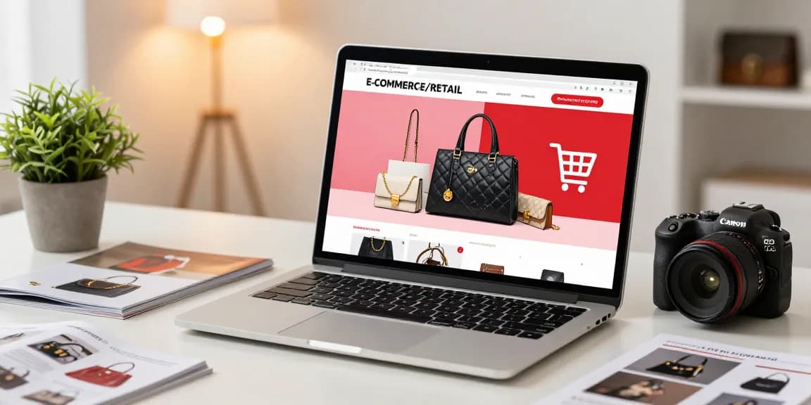 Browsing high-quality 레플리카 사이트 products on a stylish laptop with luxury accessories and a vibrant shopping cart.