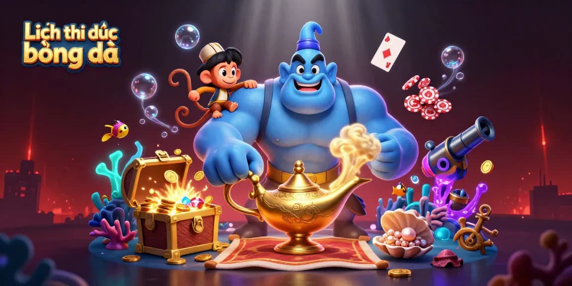 Experience the thrilling action of Lịch thi đấu bóng đá with a dynamic illustration featuring a genie and exciting casino elements.