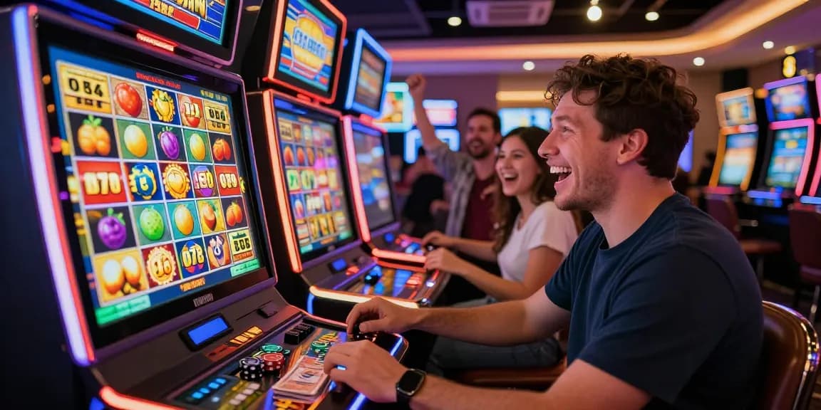 Player enjoying slot gacor wins at a lively casino with colorful machines.
