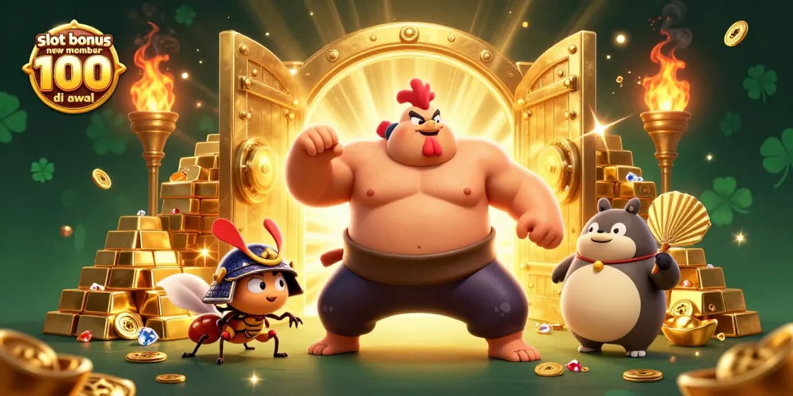 Slot bonus anggota baru 100 di awal menunjukkan karakter kartun bertarung di kasino virtual.