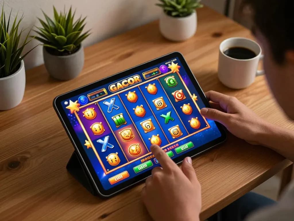 Engaging in gameplay on a slot gacor interface, tapping the screen to spin reels in a cozy home setting.