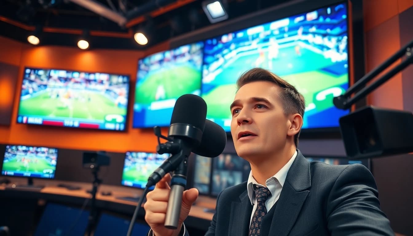 Engaging sports broadcasting session featuring a commentator in action with vibrant visuals.