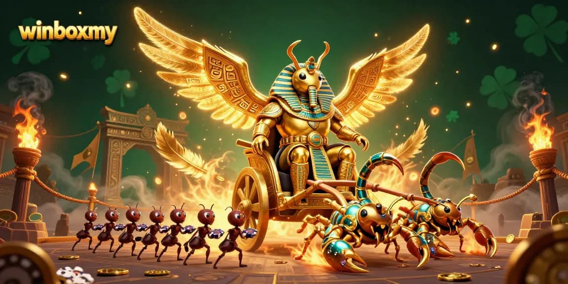 Experience the thrill of winboxmy with a dazzling 3D rendering of a colossal golden scarab beetle in a casino-themed adventure.