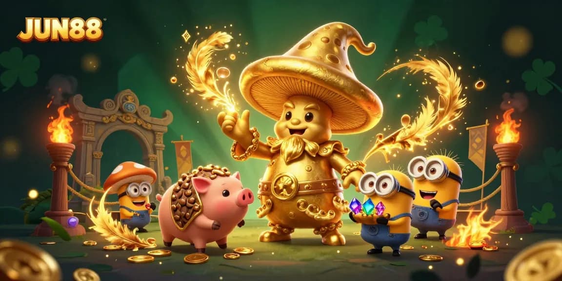 Experience thrilling adventures with JUN88 as the magical mushroom wizard brings luck in this colorful casino scene.