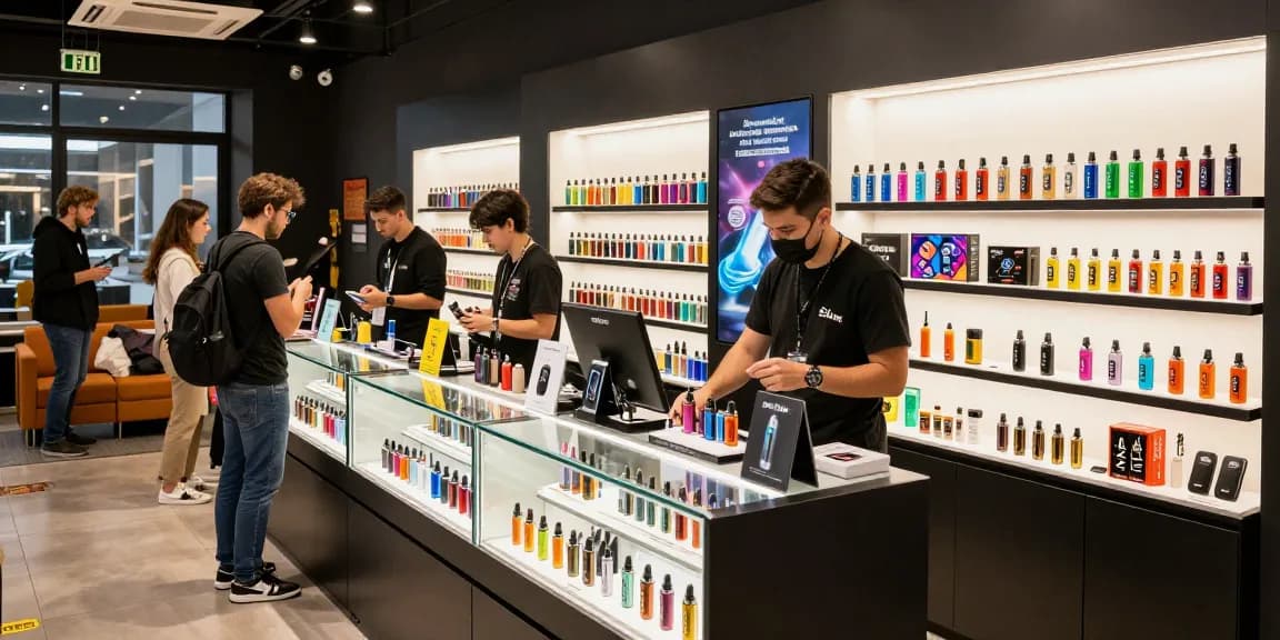 Vape UK shop with diverse customers exploring vape kits and e-liquids in a modern, welcoming setting.