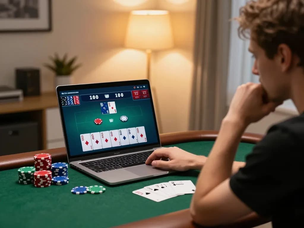 Engaged player enjoying 99win poker game on laptop, focusing on strategic decision-making