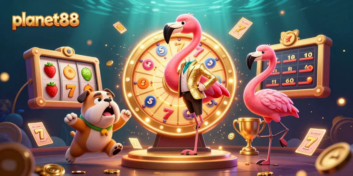 Engage with planet88's vibrant casino scene featuring a flamingo host and exciting prizes.