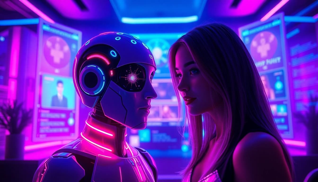 Engaging AI porn chat interface with vibrant digital characters in a neon ambiance.