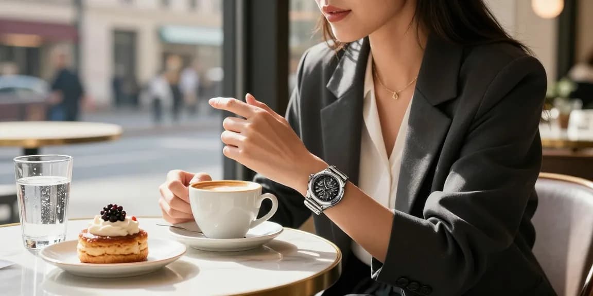 Stylish individual wearing a super clone watch in a chic café setting with gourmet pastries and warm sunlight.