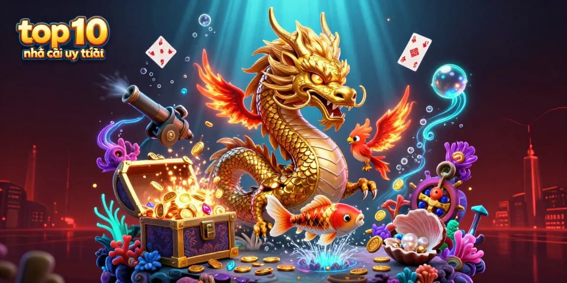 Win big with top 10 nhà cái uy tín featuring a dragon and phoenix in a vibrant casino scene.