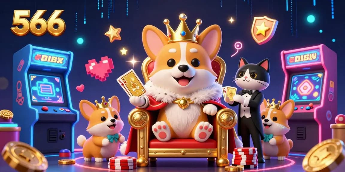 Engage in thrilling gameplay at 566 with a royal corgi and cat butler in a vibrant casino setting.