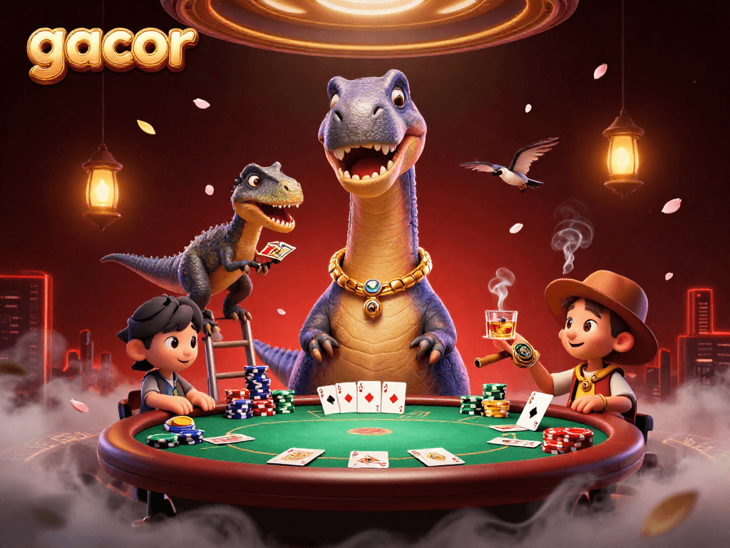 Permainan gacor di kasino dengan dinosaurus dan warna cerah penuh kesenangan.