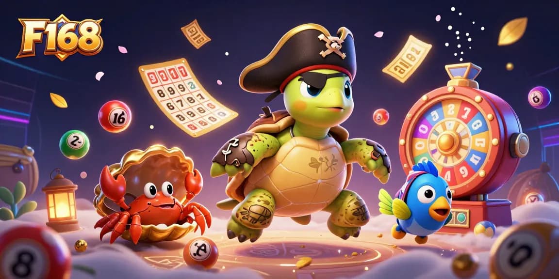 F168 game excitement with dynamic colorful lottery balls and festive gaming characters.