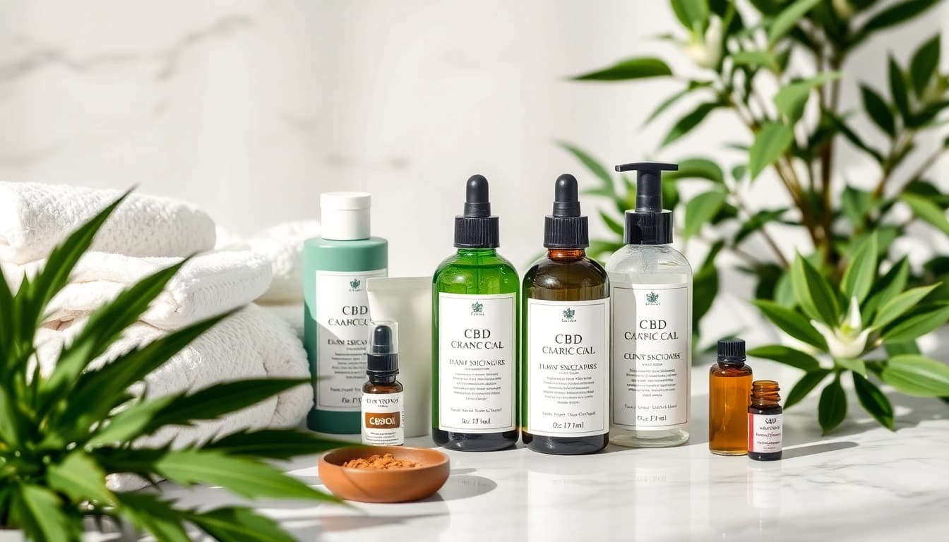 Apply CBD oil for skin from elegant skincare products displayed attractively on a marble countertop.
