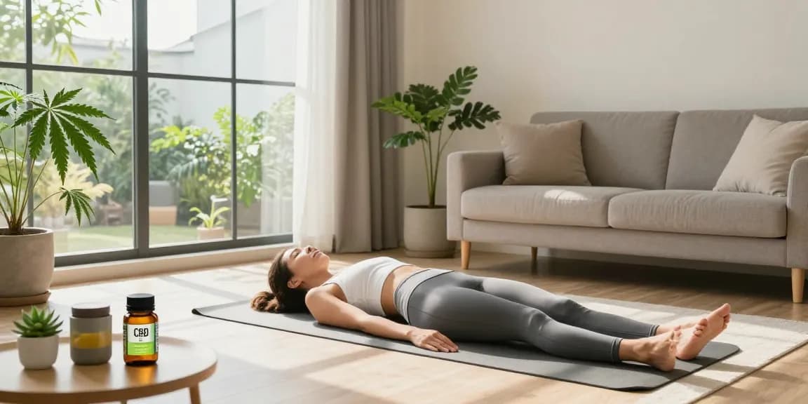 Ministry of Cannabis CBD oil and wellness scene in relaxing yoga setting with plants and natural light.