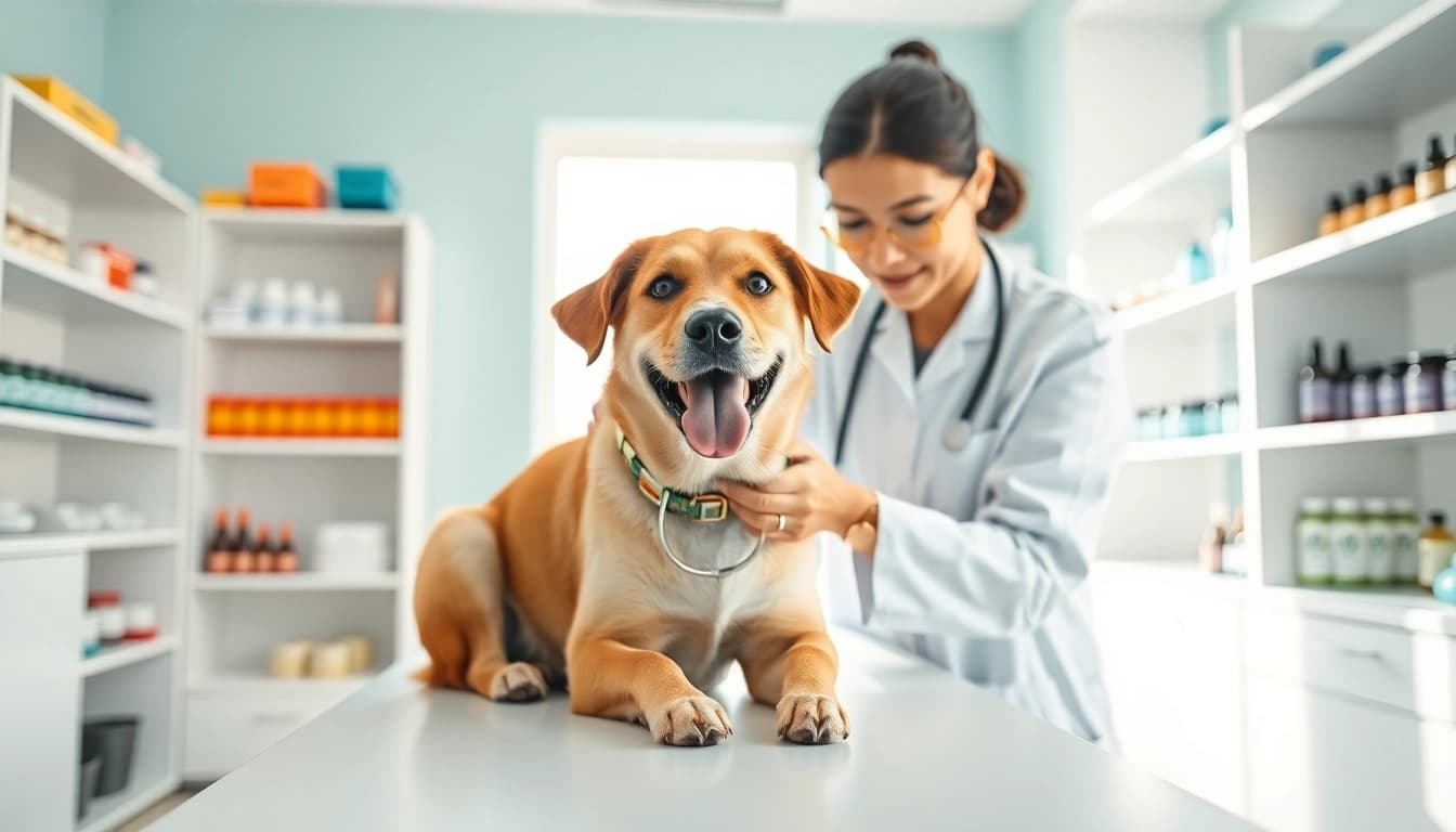 Vet showcasing CBD Oil For Dog to a relaxed canine in a bright clinic.