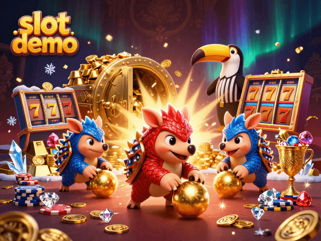Permainan slot demo yang seru ditampilkan dalam ilustrasi penuh warna dengan pangolin yang berbeda warna.