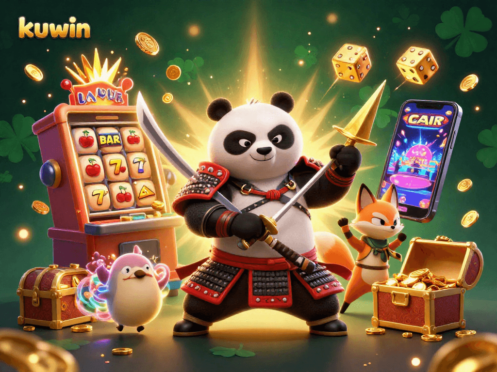 Kuwin casino scene with samurai panda, ninja fox, and tanuki amidst soaring jackpots and colorful gaming elements.