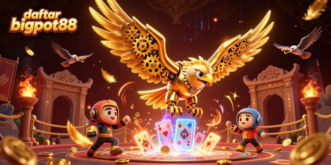 Experience the thrill of daftar bigpot88 with a dynamic 3D casino scene featuring a cybernetic eagle.