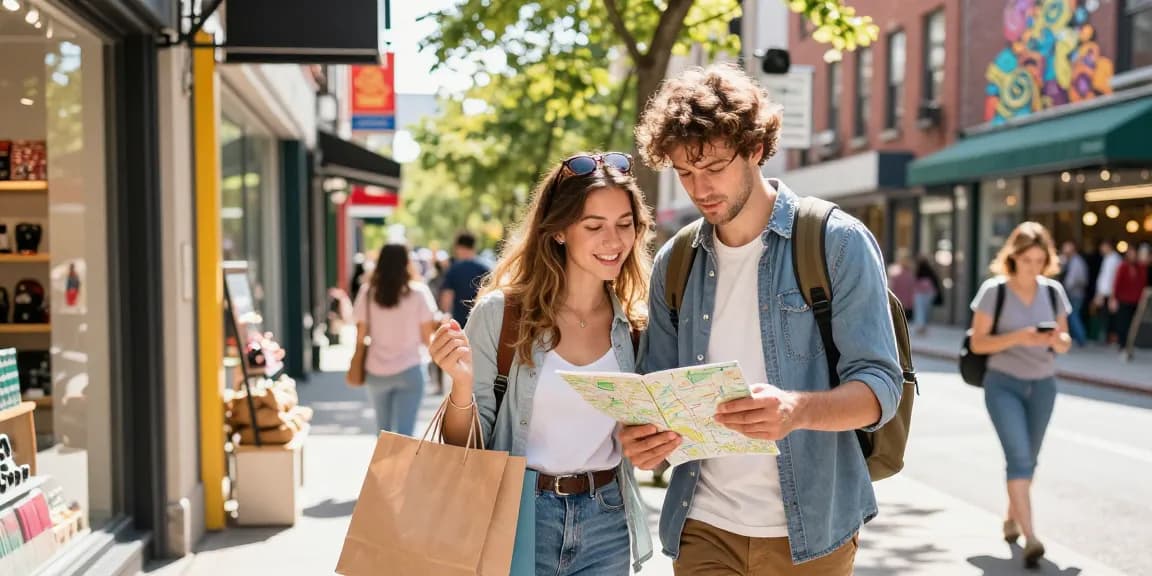 Young couple exploring local shops in a vibrant urban setting, with the keyword https://forumup.org/shop/search.php?ca_id=&addr1=&addr2=&addr3=&schKeyword= featured naturally in the description.