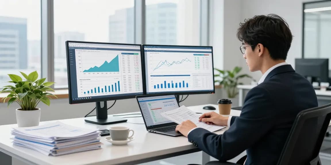 Focused professional analyzing asset tracing reports in modern office.