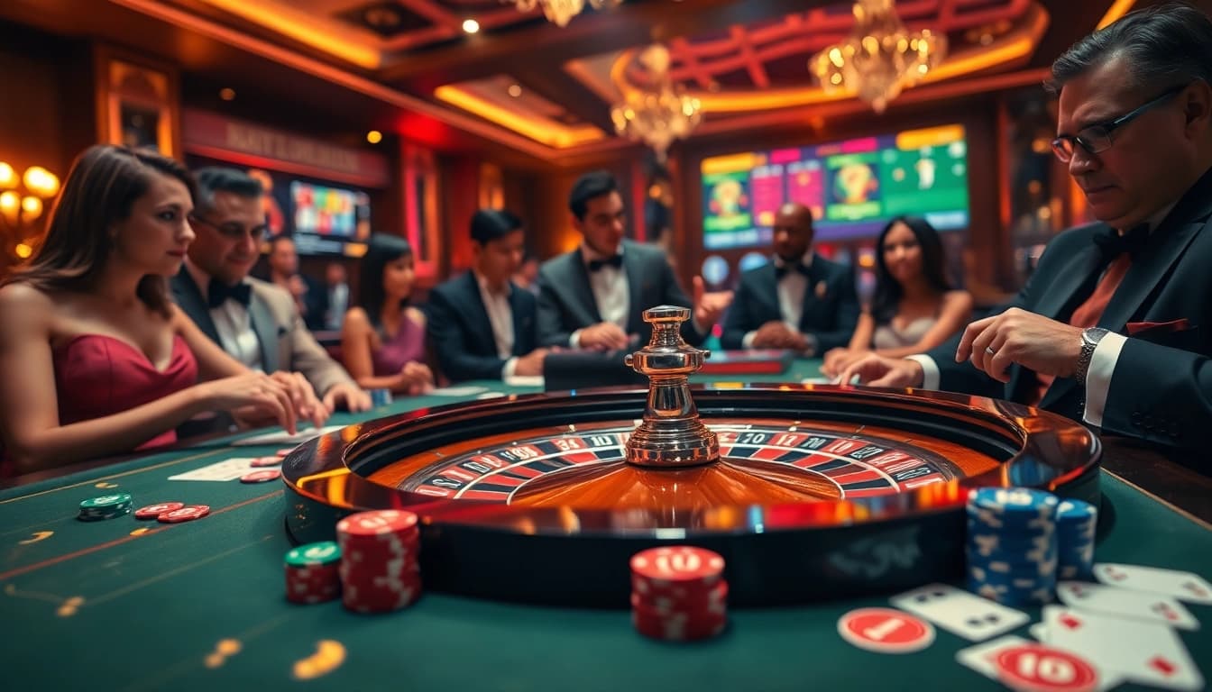 Engaged players placing bets at a roulette table in a luxury casino environment, including 7m cn themes.