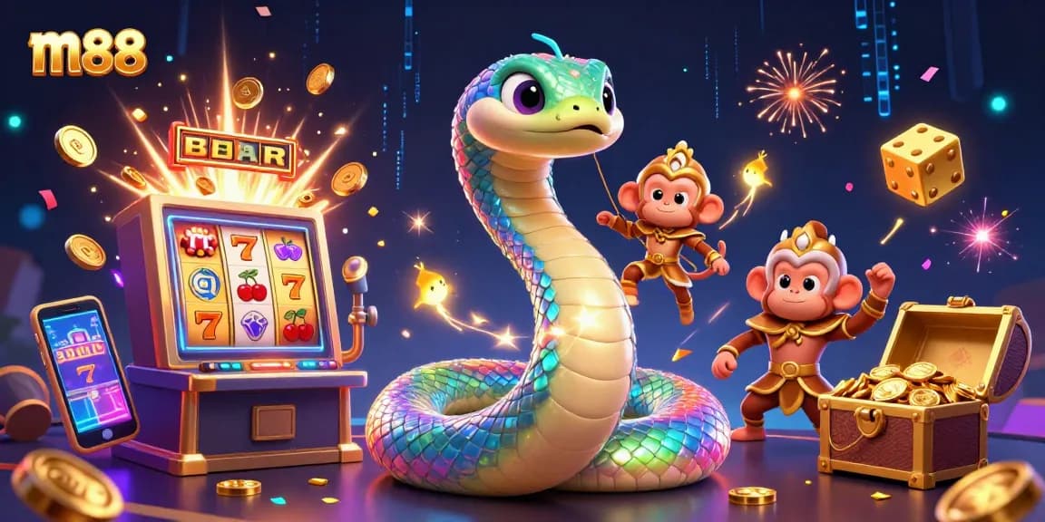 M88 offers exciting gameplay with the rainbow serpent and monkey king amidst jackpot excitement and vibrant casino elements.