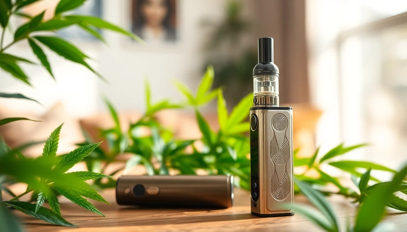 Engaging about Cannabis Vape device beautifully positioned with nature elements for a calming vibe.