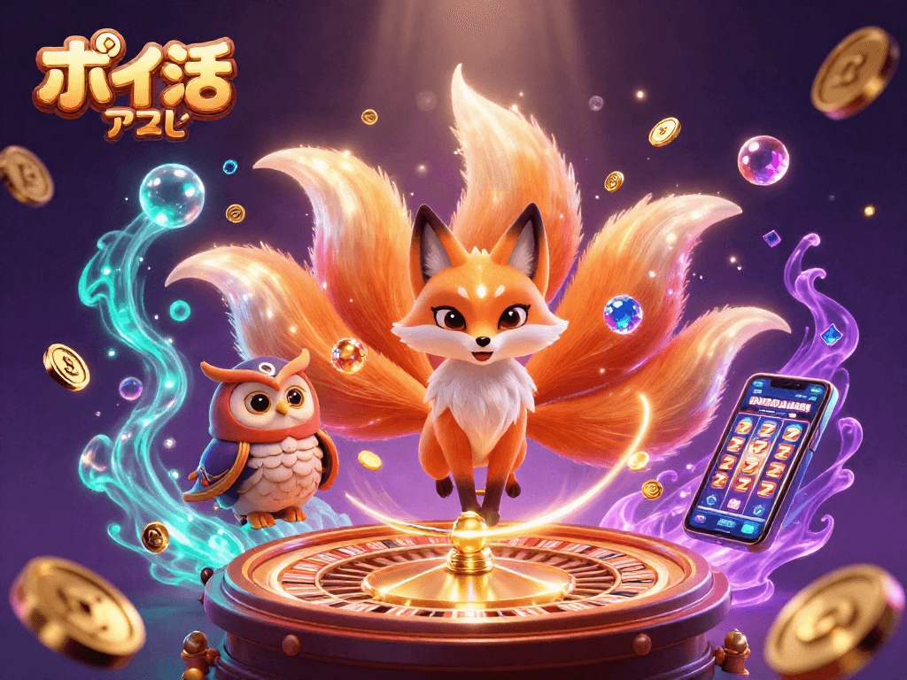 Experience the thrill of ポイ活 アプリ with vibrant slot reels, floating gem stones, and casino magic.