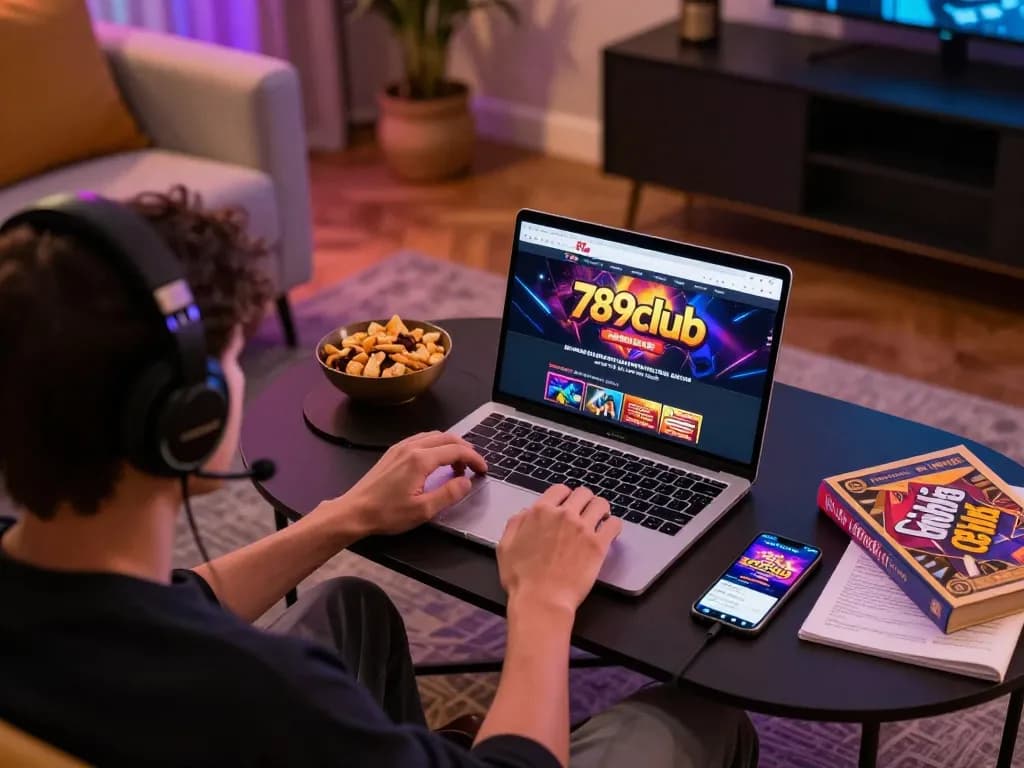 Player engaging with 789club online casino on a laptop at home, showcasing a strategic gaming environment.