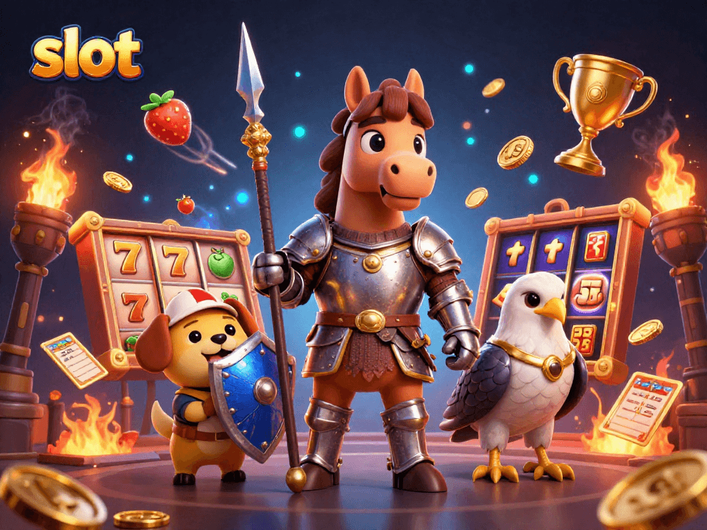 Putaran slot dengan karakter ksatria dan squire di kasino yang megah.