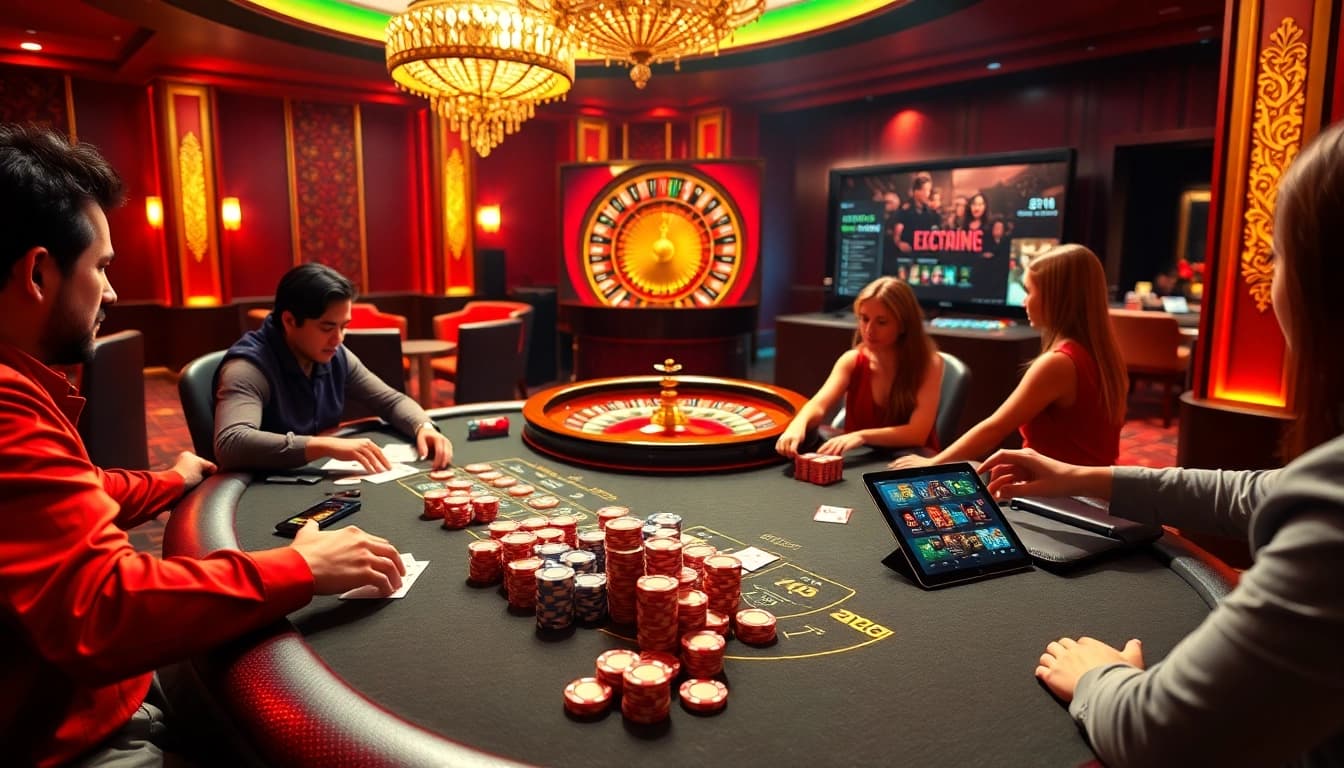 Experience exhilarating gaming action at jun88.com with vibrant poker tables and roulette wheels.