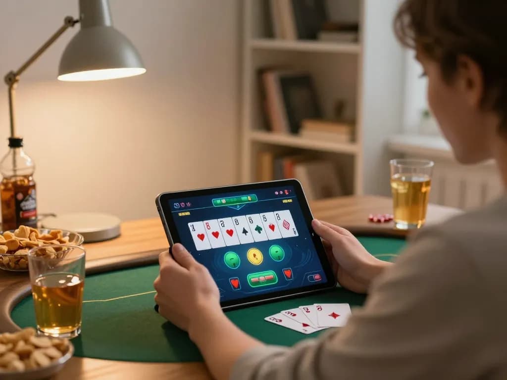 Play poker on fly 88 with a cozy home setup, enjoying snacks and strategy notes
