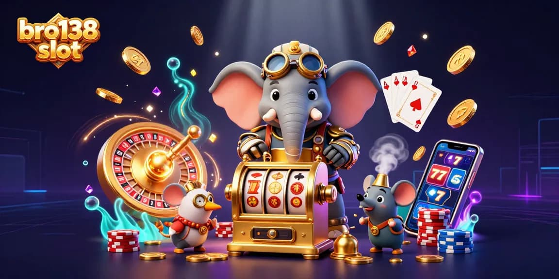 Experience the excitement of bro138 slot with a vibrant 3D illustration of a steampunk elephant engaging with dynamic casino elements.