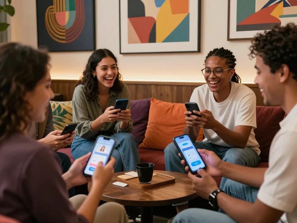 Engaging group discussing nsfw ai chat in a vibrant urban lounge setting.