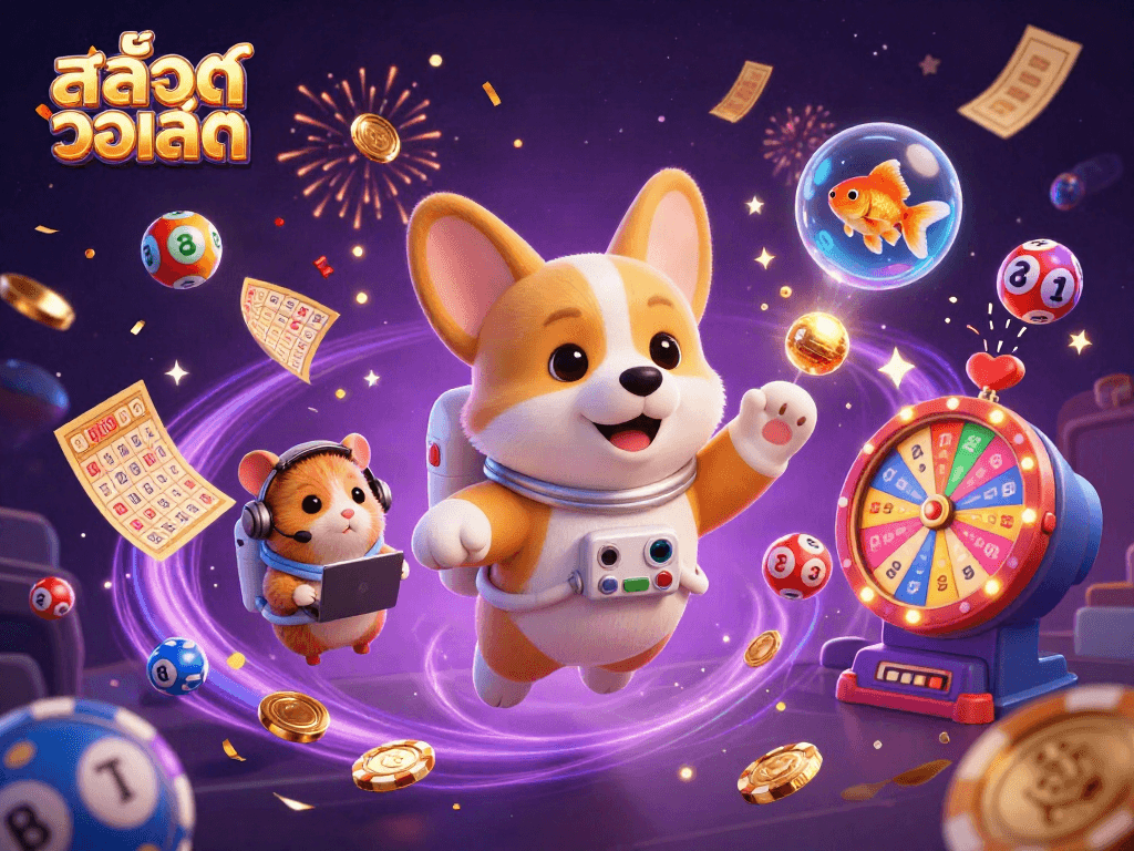 Engaging scene featuring สล็อตวอเลท with a playful astronaut corgi and vibrant casino elements.