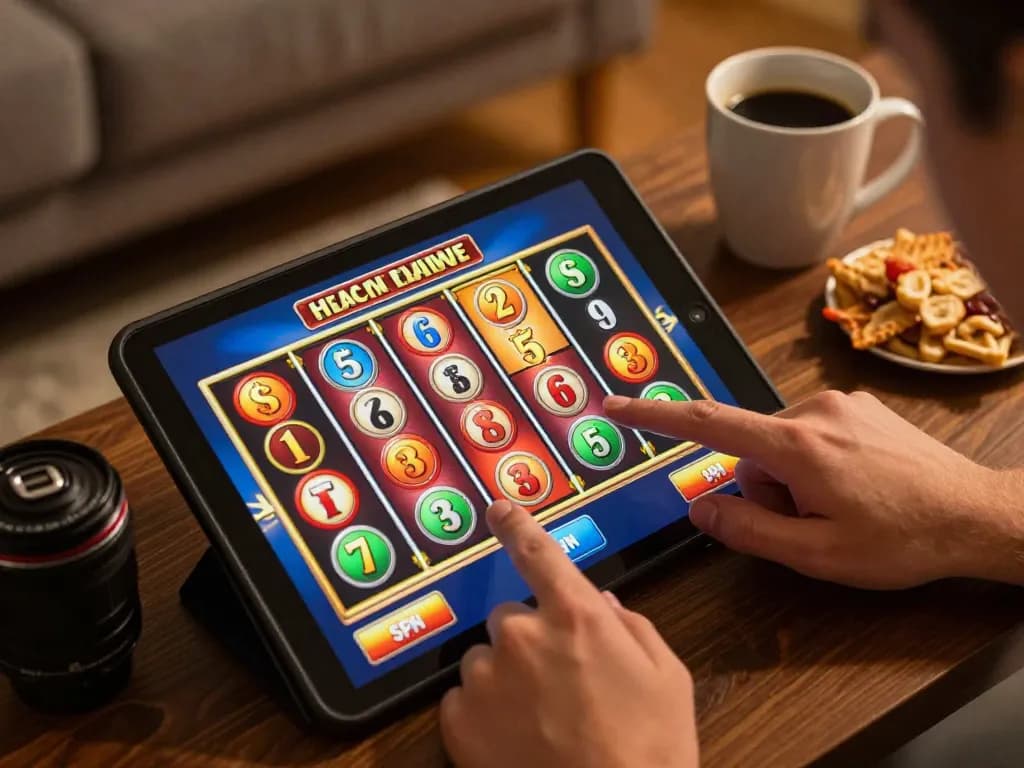 Engaging scene of a player enjoying a vibrant slots game with a slot deposit 10rb, surrounded by cozy home elements.