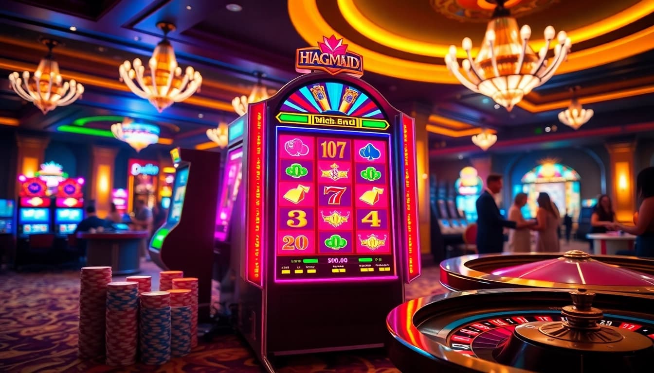 Engaging scene at a luxury casino featuring slot pragmatic play with vibrant colors and casino items.