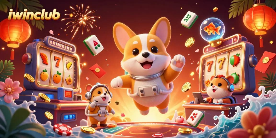 Engage with iwinclub in a vibrant space casino with floating characters and colorful game elements.