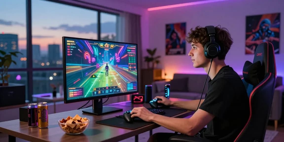A young adult immersed in the aviator game experience in a lively gaming room.
