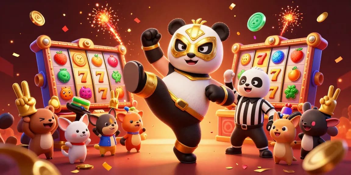 Experience exciting สล็อตเว็บตรง action in a dynamic casino scene with animated panda and cheering crowd.