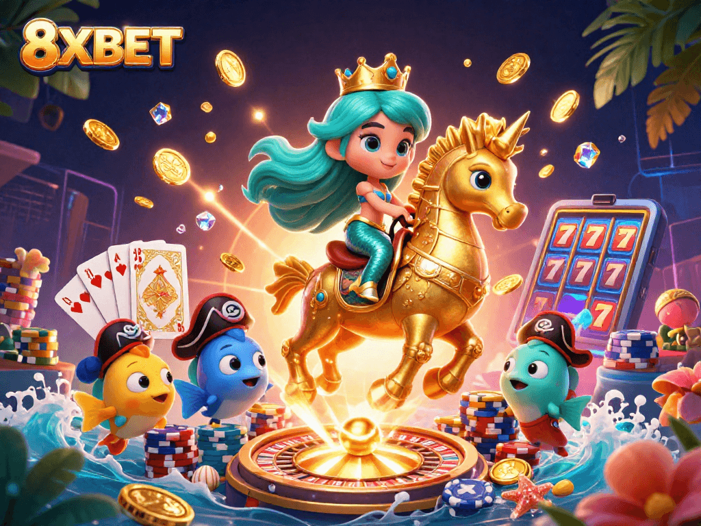 Engage with 8XBET’s exciting underwater casino world featuring a mermaid princess and treasures.