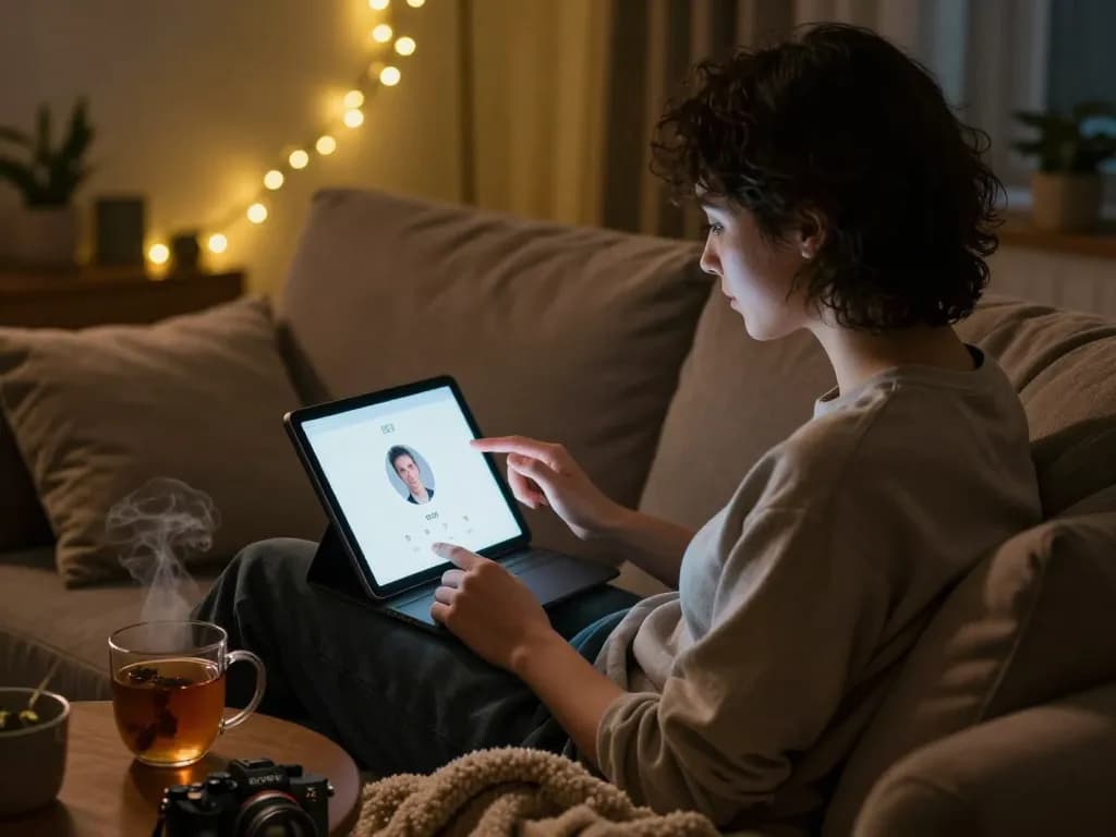 Engaging in a porn AI chat on tablet in cozy, inviting atmosphere with warm lighting.
