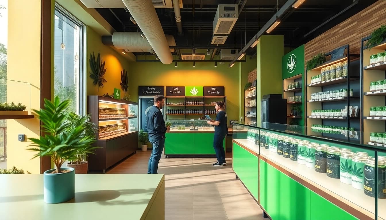 Explore the inviting atmosphere of a Weed Store with a customer and staff interaction.