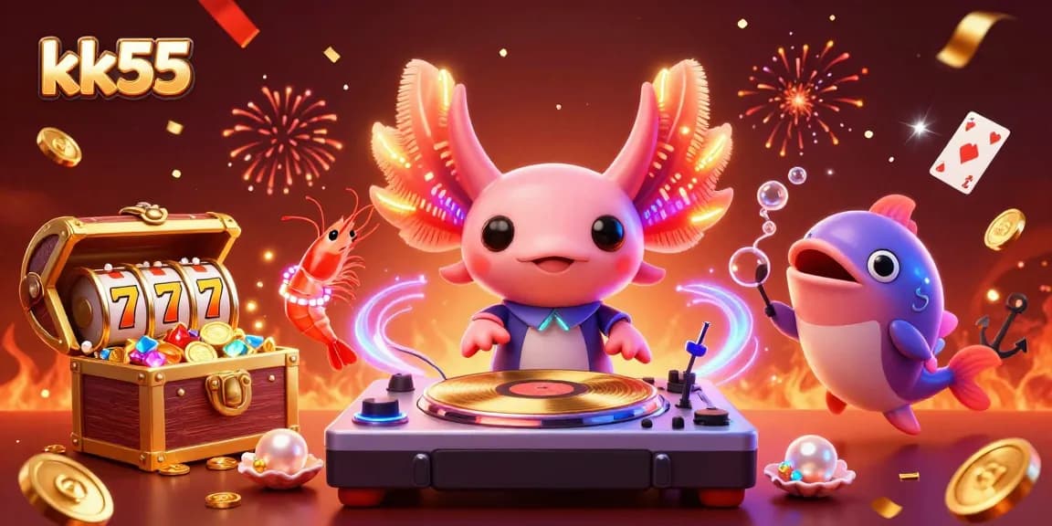 Play games at KK55 with a vibrant 3D scene featuring a DJ axolotl and casino elements.