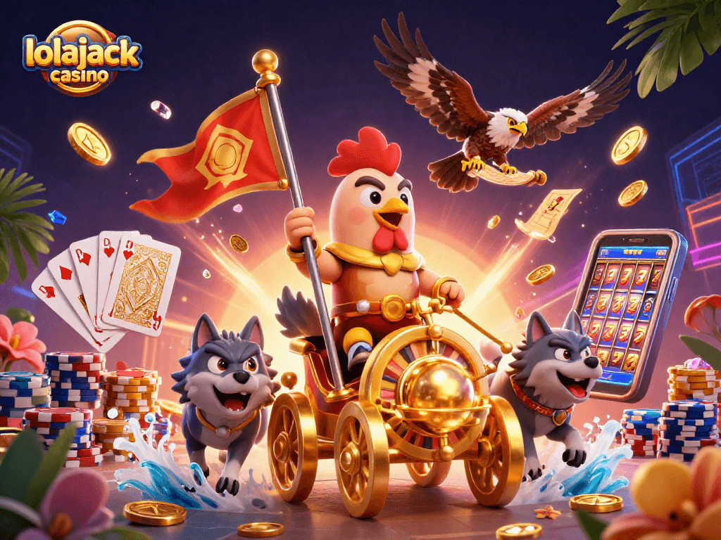 Experience the thrills of lolajack casino with vibrant 3D illustration of bold gaming elements.